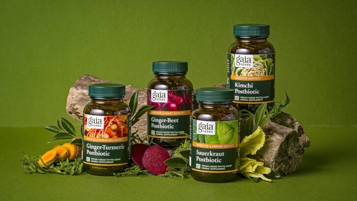 Gaia Herbs' new postbiotic line harnesses different fermented superfoods, including kimchi and sauerkraut. © Image courtesy of Gaia Herbs