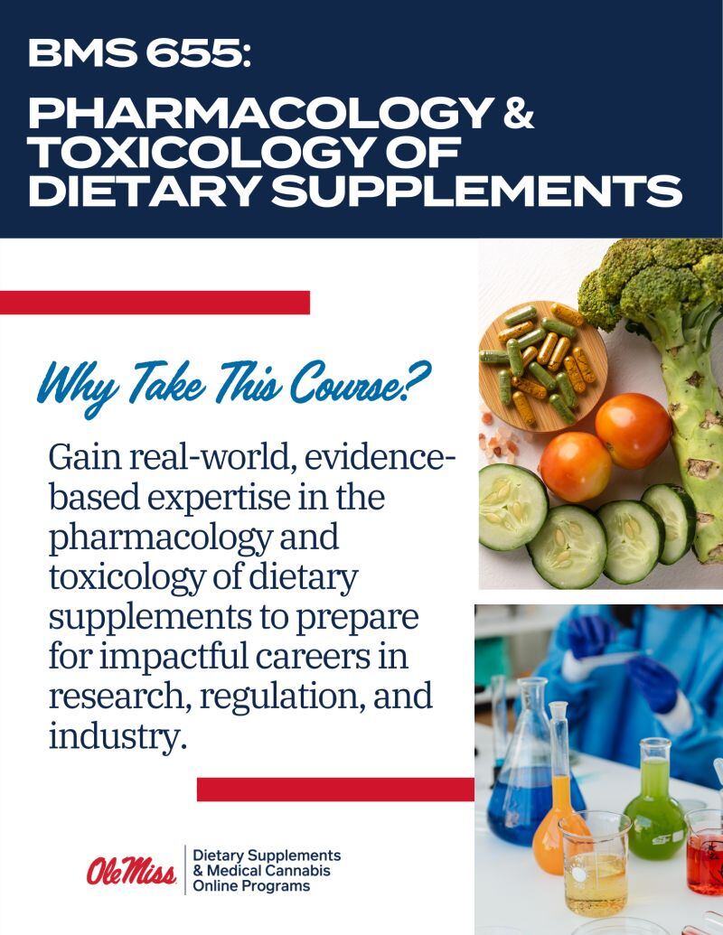 The course explores how ingredients interact with the body—from the basics of pharmacokinetics and pharmacodymics to a real-world evaluation of select supplements to make informed decisions and minimize risk.