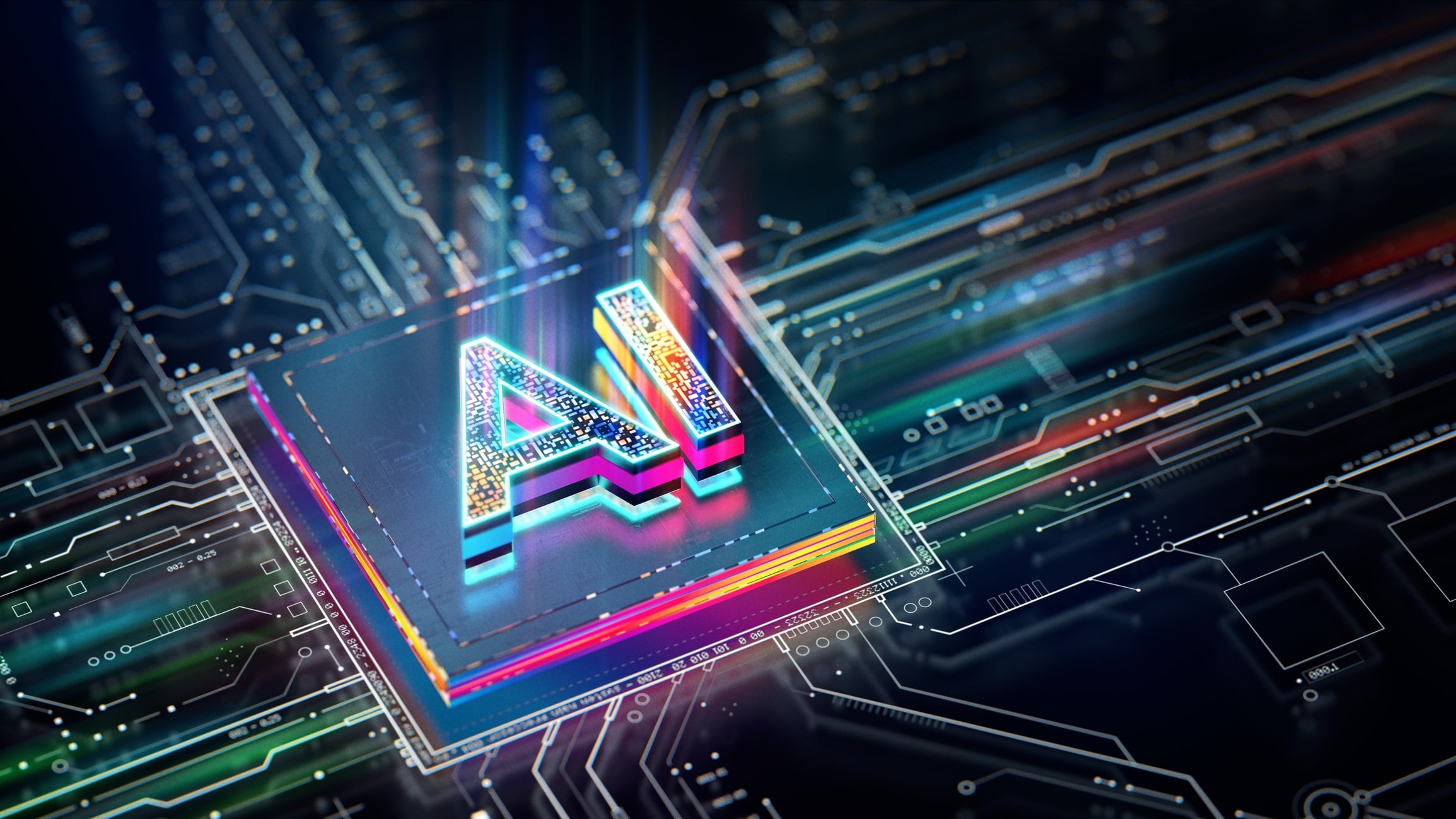 Artificial Intelligence processor unit. Powerful Quantum AI component on PCB motherboard with data transfers.