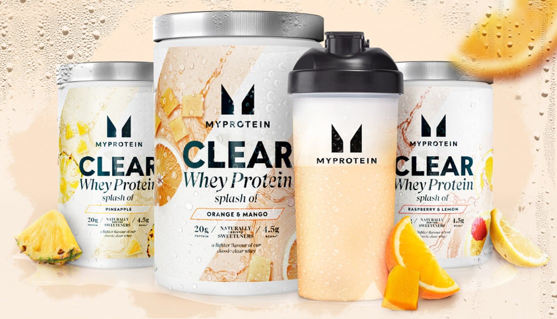 MyProtein Clear Whey 'Splash Of' product range against background of bubbles and fruity flavour imagery