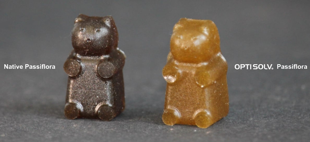 A standard passion flower gummy appears burnt compared to the Optisolv gummy