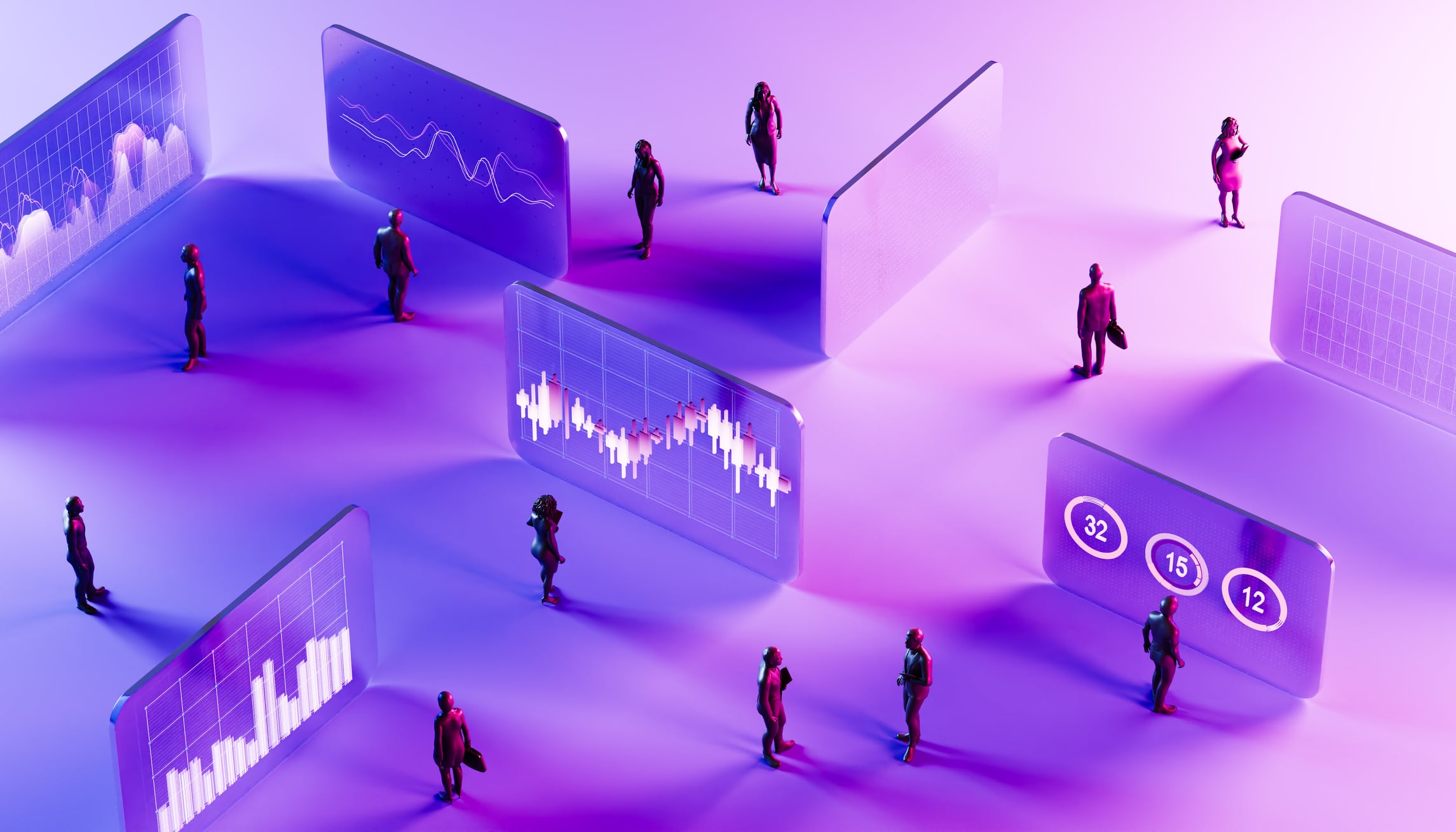 This digitally generated image depicts a futuristic scene where several abstract people stand among multiple glowing holographic screens displaying complex financial charts and stock market Data. The environment is bathed in atmospheric purple and magenta lighting, with long shadows creating a high-tech, cinematic feel. Each screen shows different data visualizations, including candlestick graphs and percentage indicators, representing the intersection of big data and human decision-making. This composition serves as a metaphor for digital transformation, innovation, and the future of the global finance and economy. It is an ideal visual for fintech websites, professional investment strategy presentations, and corporate business articles discussing financial technology, risk management, and the power of information in achieving prosperity.