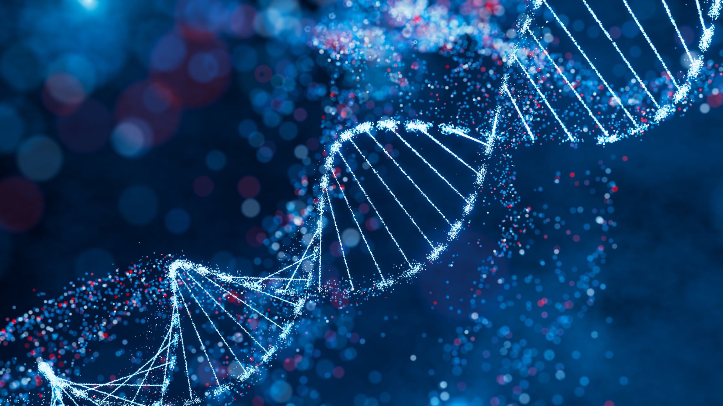 Sparkling DNA helix structure in blue and red. High-tech concept of genetic research, bioinformatics, and computational biology