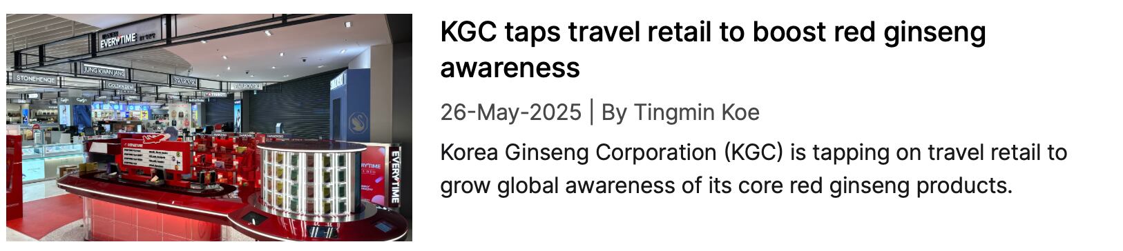 Screenshot of NutraIngredients coverage: "KGC taps travel retail to boost red ginseng awareness"