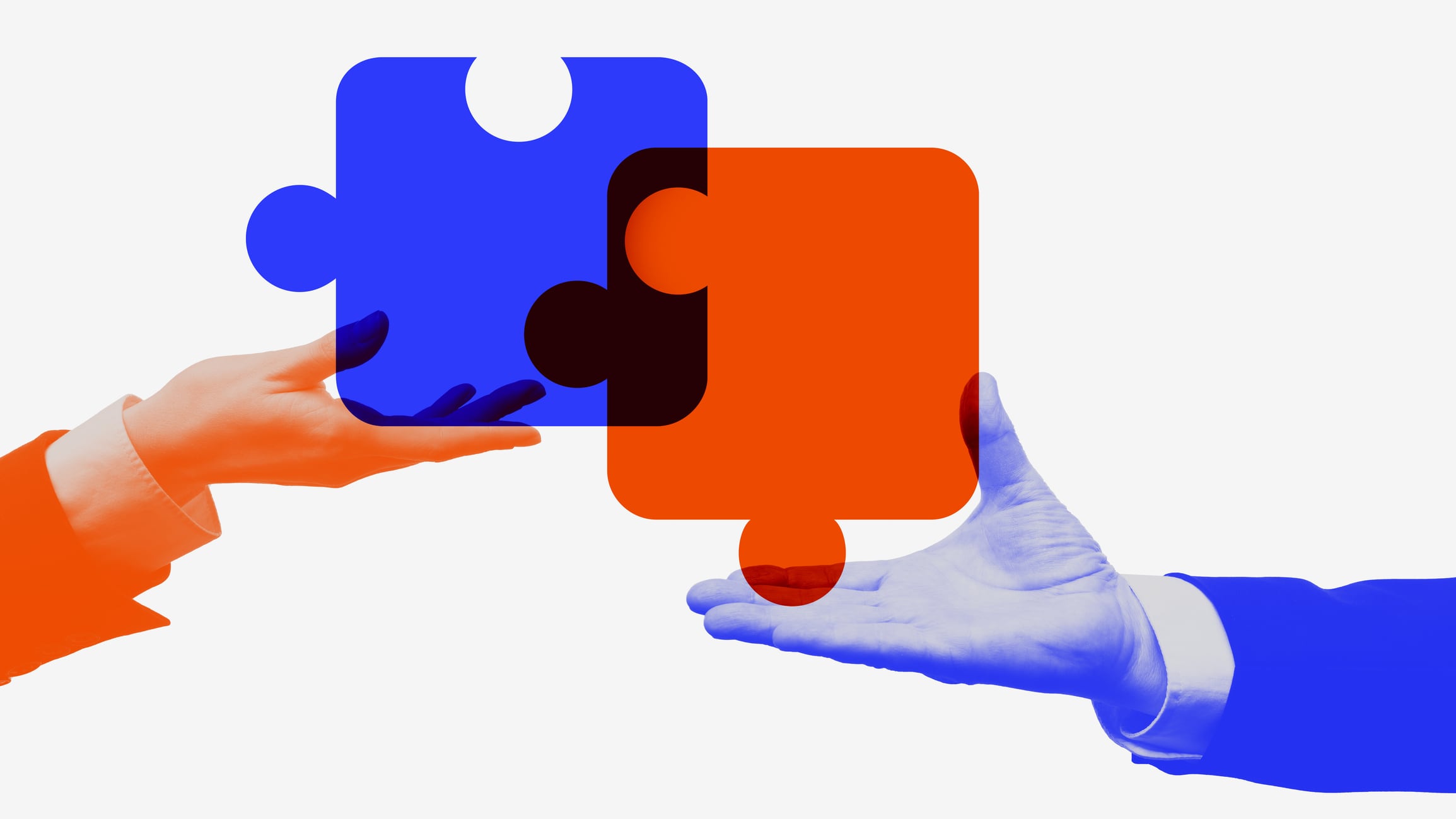 Colorful collage. Hands holding orange and blue puzzle pieces representing corporate merger. Concept of digital transformation, strategic integration, teamwork, and business process design.