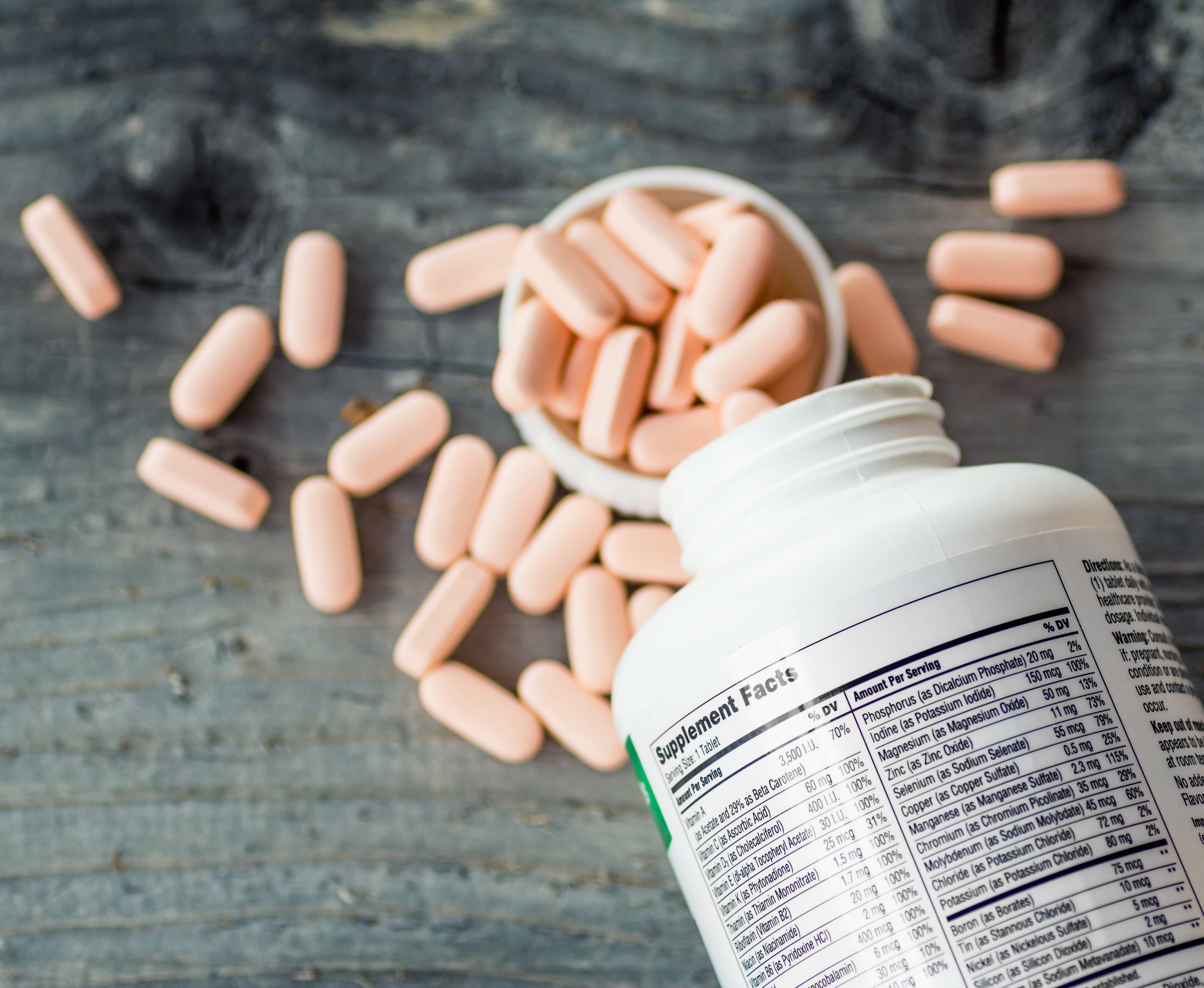 Supplement facts, Closeup of a bottle of vitamins