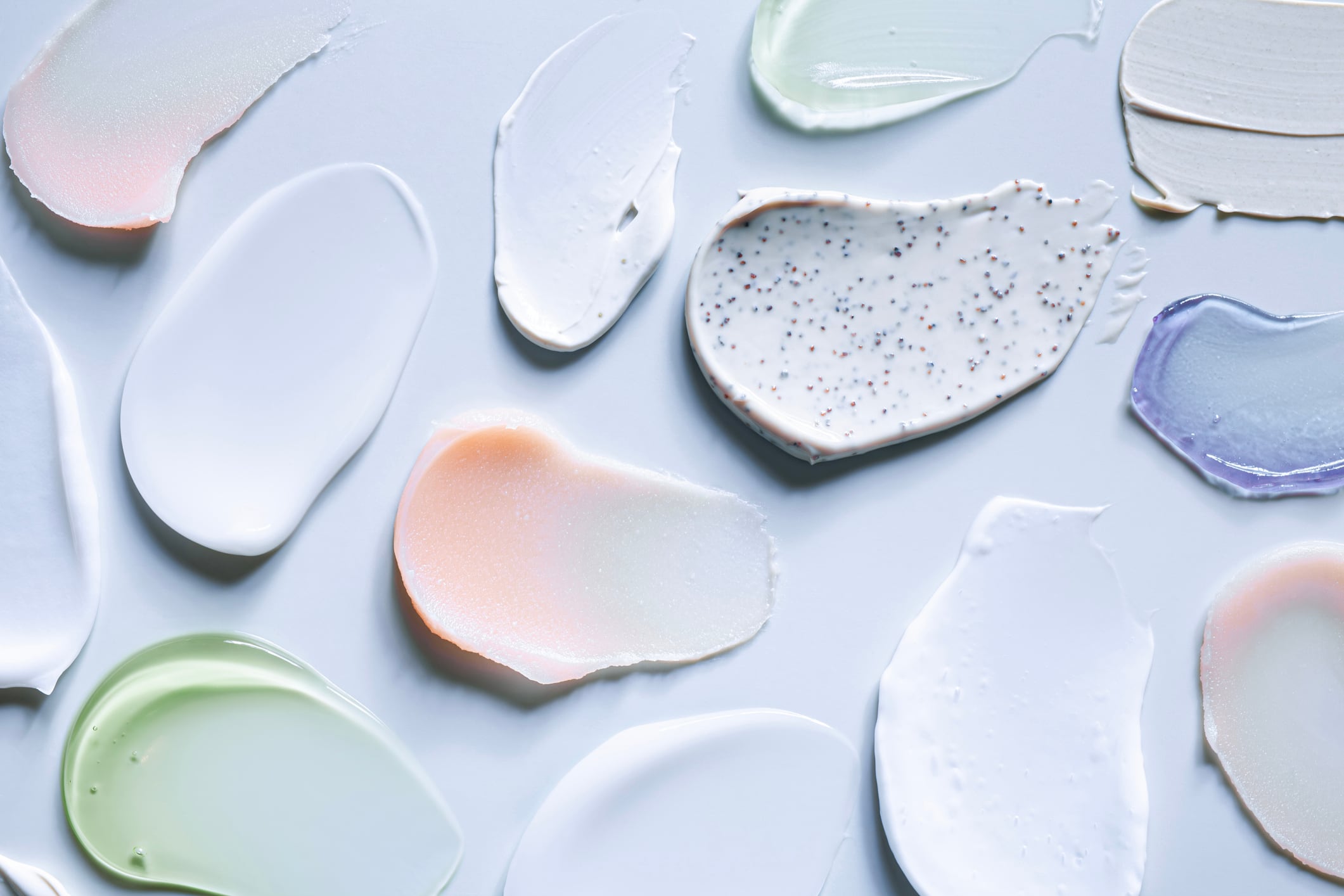 Scrub swatch set with particles of grape, raspberry, cranberry or apricot seeds, soda, sugar, acid peeling