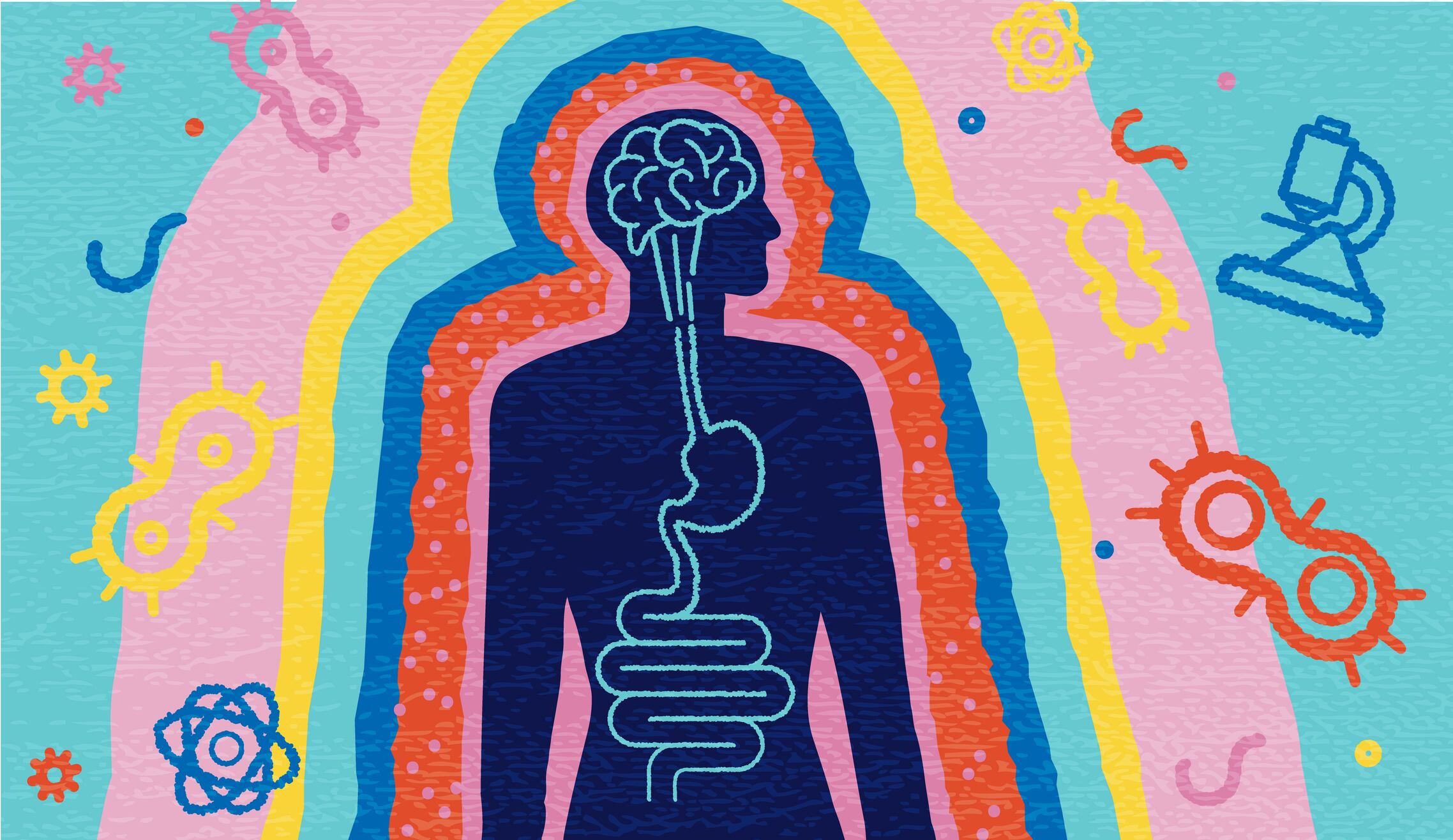 Vector illustration of a Brain Gut Connection abstract Health and Science concept with silhouette of human with brain and intestine surrounded by gut bacterium and science elements. Lot's of texture. Includes vector eps and high resolution jpg.
