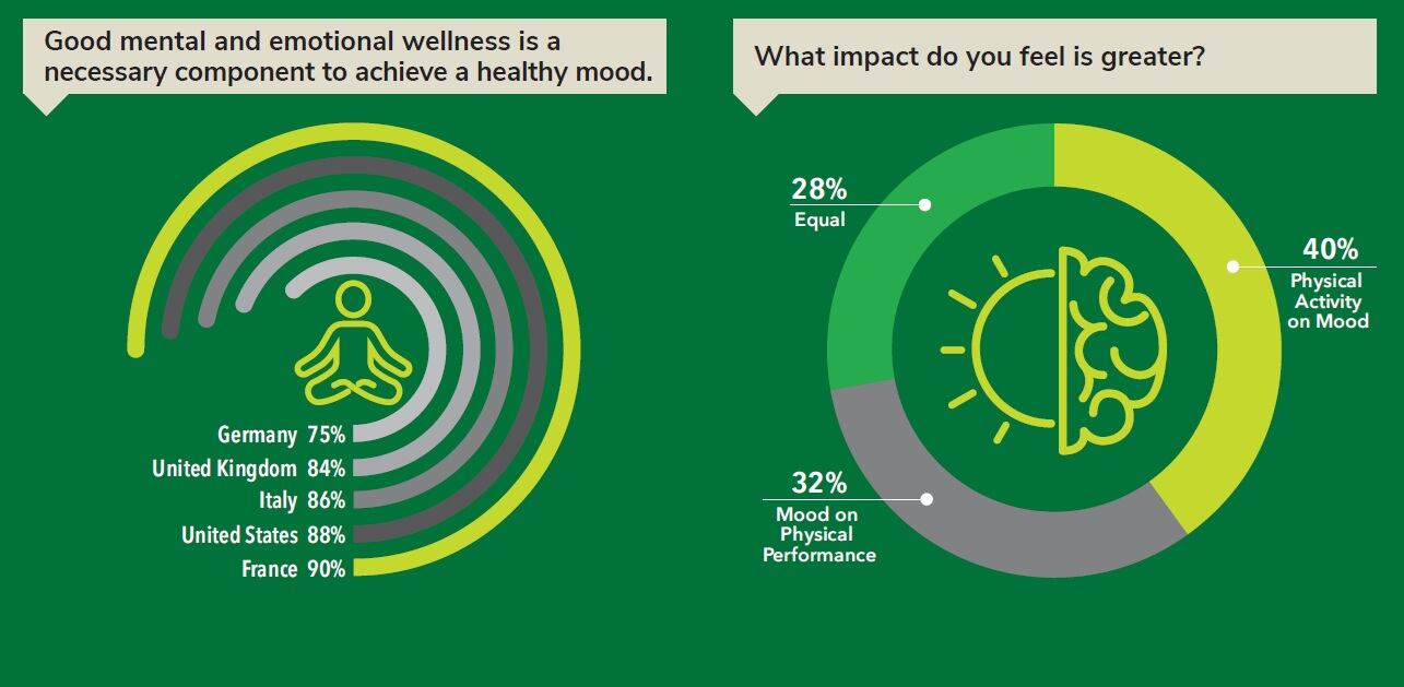 Charts from PLT Health Solutions' Feeling Active report showing how active consumers value mental and emotional wellness