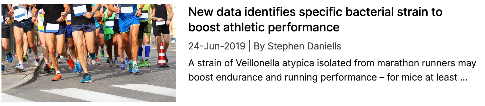 Screenshot of NutraIngredients coverage: "New data identifies specific bacterial strain to boost athletic performance"