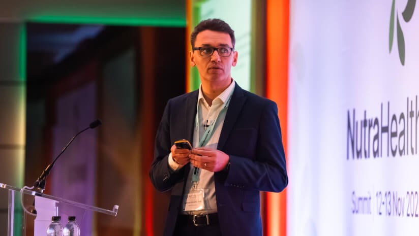 Gabriele Civiletto, PhD, associate principal scientist at ingredient supplier dsm-firmenich, presenting on nutritional strategies targeting aging mechanisms.