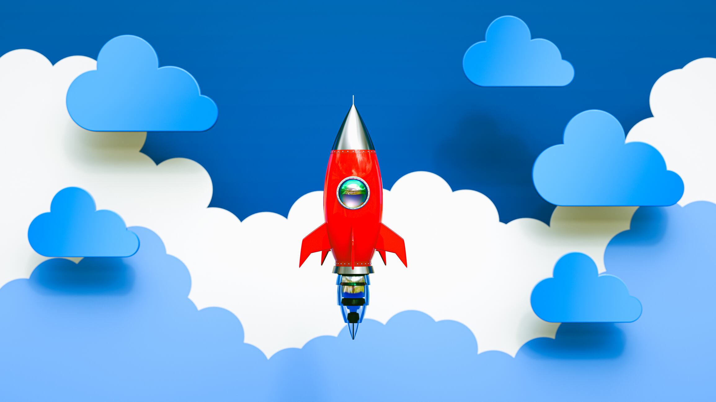 Cartoon-Style Rocket Launching into Space Through Clouds. Imagination, Creativity, and Adventure Concept. 3D Rendering.