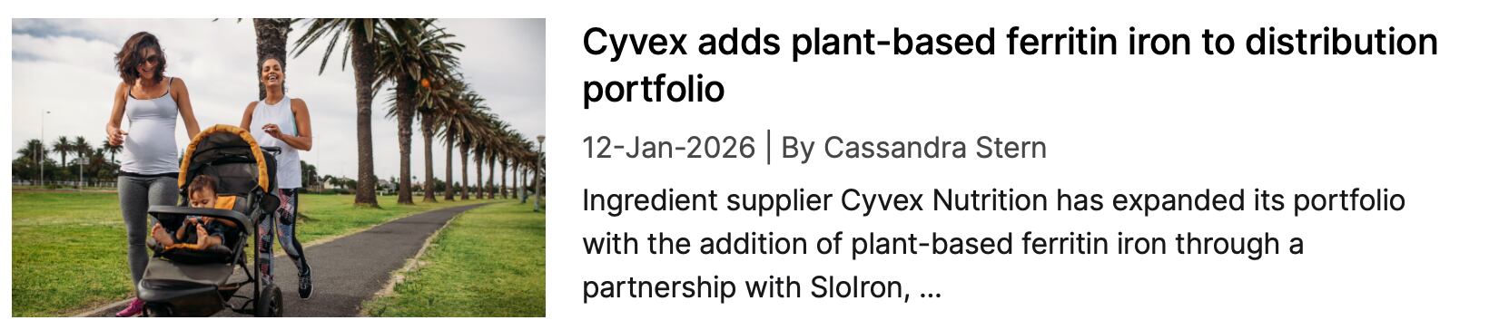 Screenshot of NutraIngredients coverage: "Cyvex adds plant-based ferritin iron to distribution portfolio"