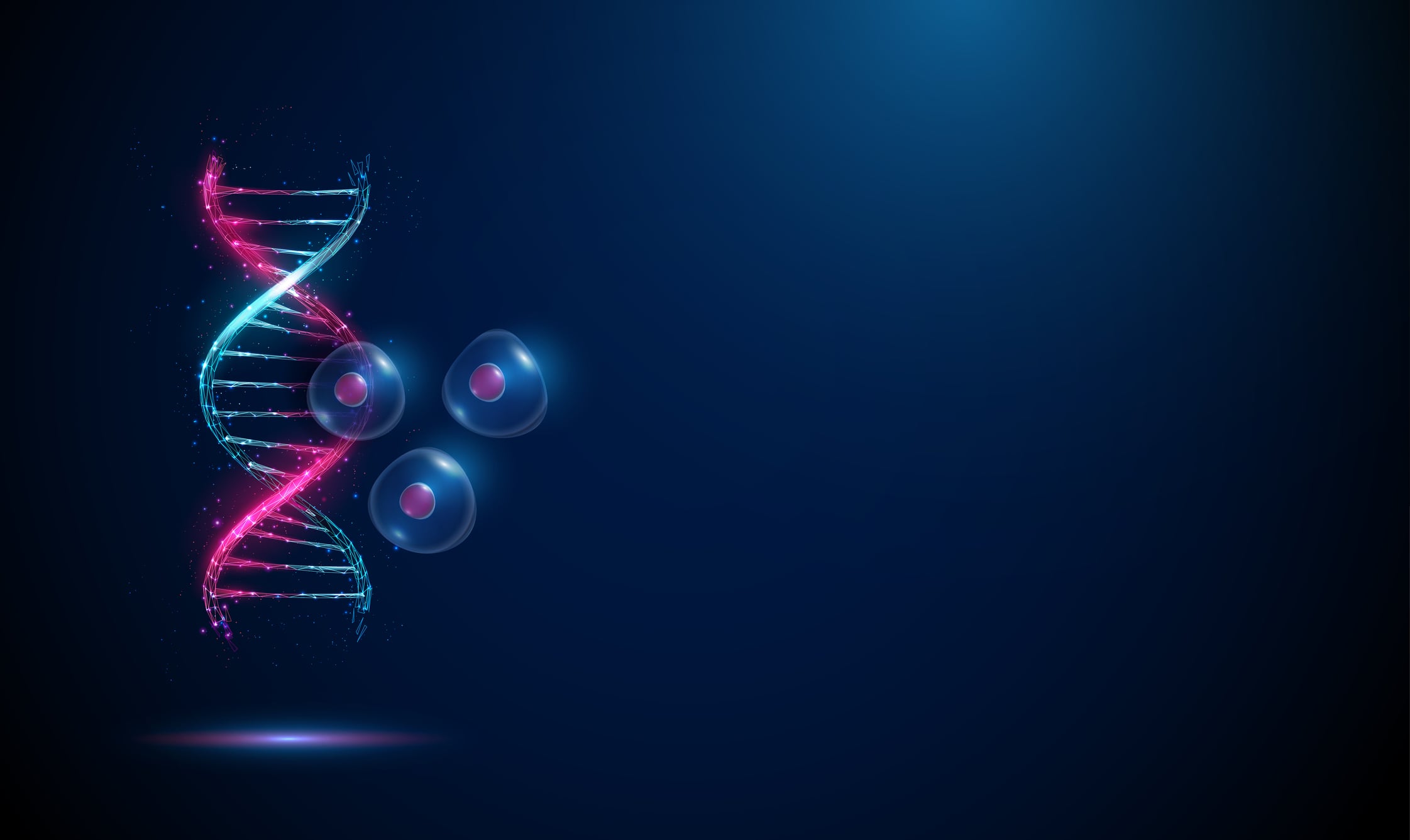 DNA strand with floating stem cells. Genetic regulation, cell reprogramming, pluripotency, CRISPR technology, epigenetic modification, gene therapy, personalized medicine concept. Vector.