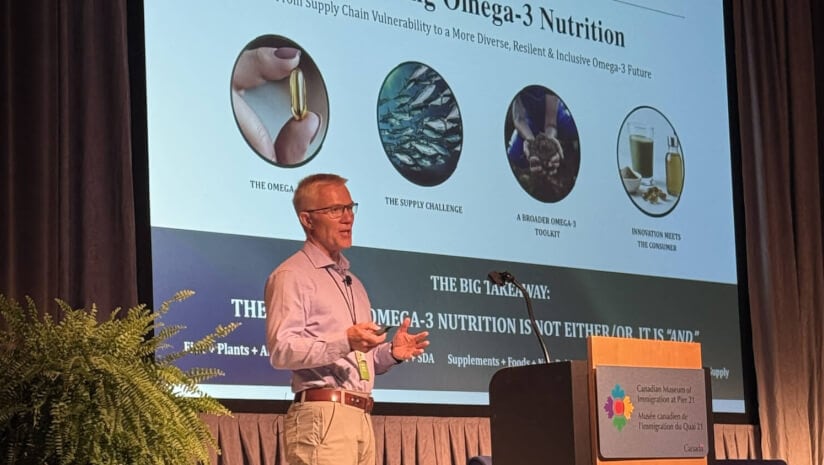 Andrew Hebard, founder and CEO of Natures Crops, challenges the omega-3 industry to rethink its reliance on traditional supply models at the Regenerate Symposium in Halifax, Canada.