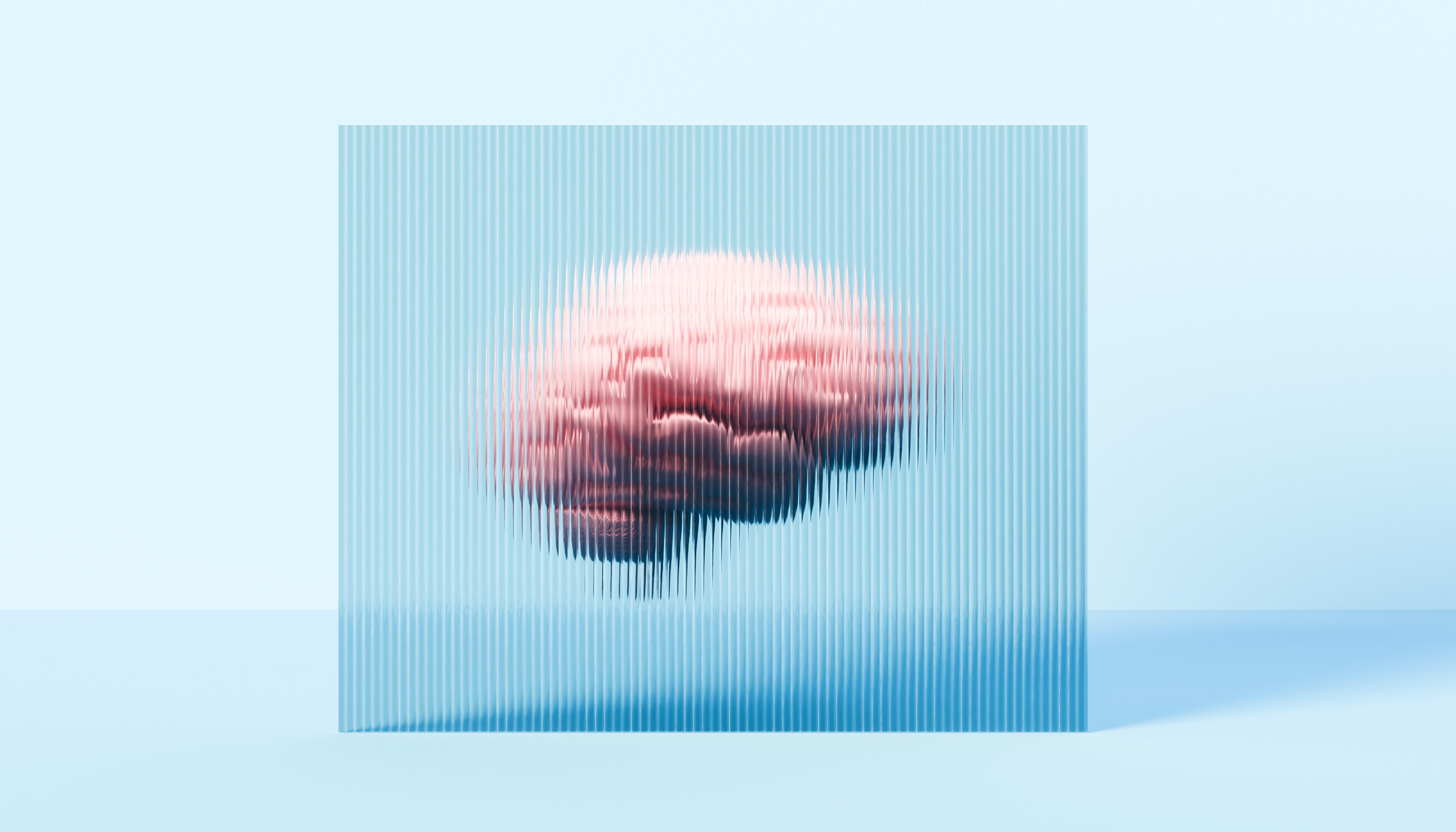 A brain hovers behind vertically textured reeded glass, producing a distorted and fragmented appearance that reflects the sensations of headache, migraine, and neurological strain. The warped visual conveys pressure, disorientation, and the disruption of normal cognitive processes, illustrating the physical and mental impact of pain. Light and shadow interact across the glass surface, emphasizing tension and areas of intensity within the brain. This conceptual imagery blends neuroscience and medical visualization, symbolizing the experience of neurological discomfort, mental stress, and the complexity of brain health in a visually striking and metaphorical way.