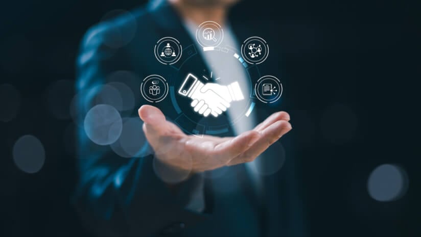 Business relationship connection concept. Partnership ecosystem, collaboration link technology service. Businessman search on leadership trust handshake contact icon on global digital network