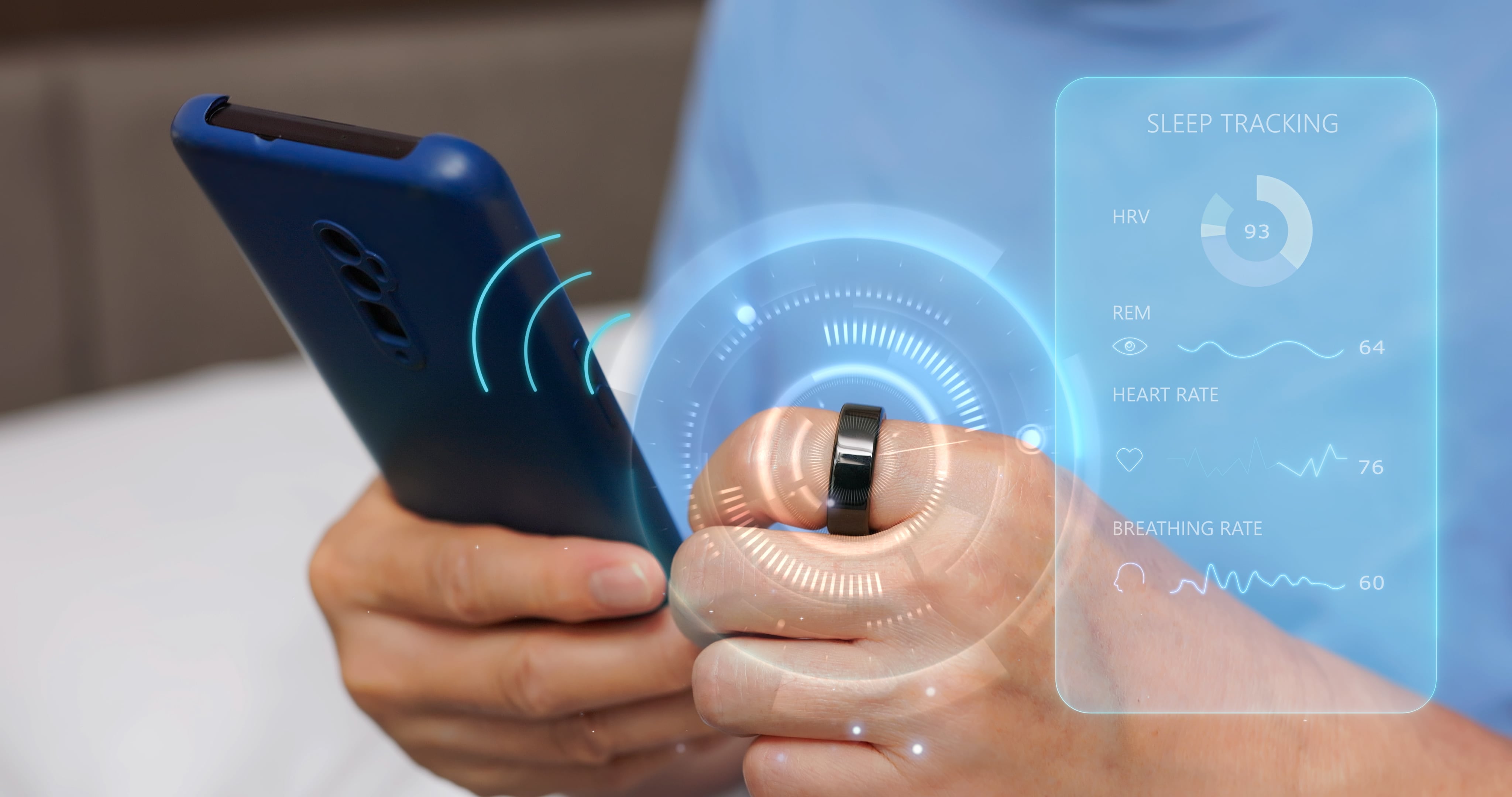 Asian elderly male using smartphone and hand wearing smart ring with health data hologram for sleeping tracking