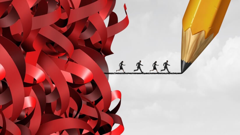 A group of tangled red tape and people running away on a pencil drawing line