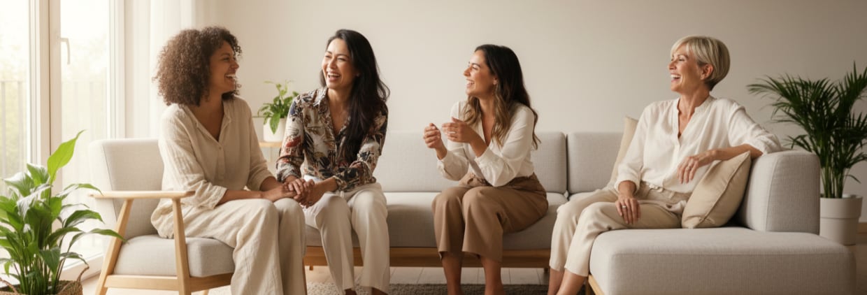 Four women of different ages talking on couch