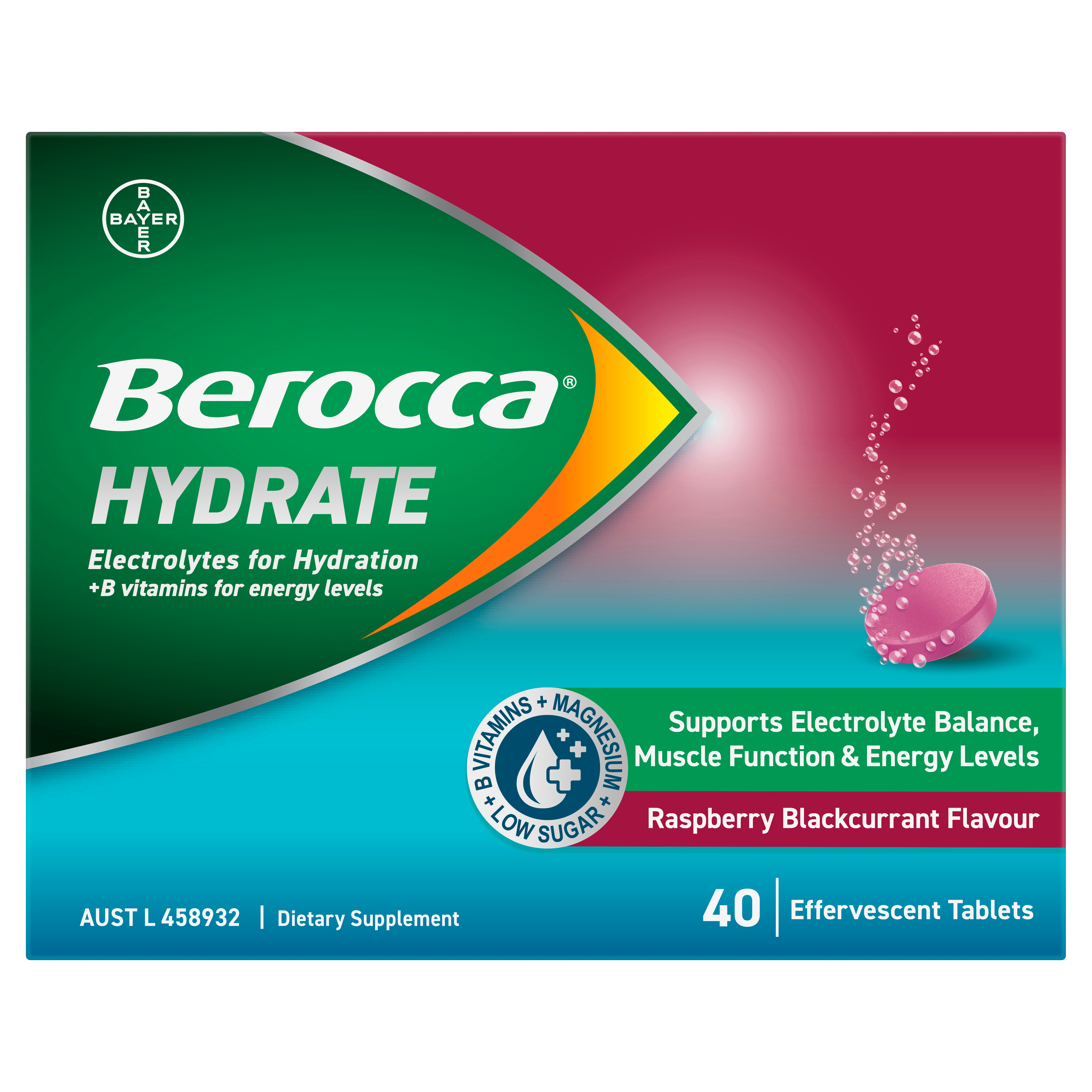 Berocca Hydrate also comes in raspberry blackcurrant flavour.