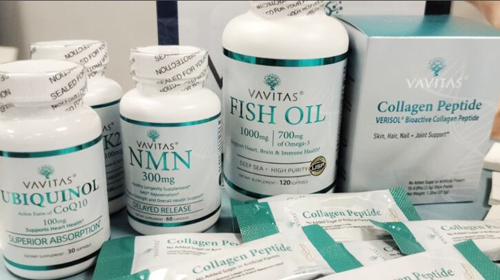 Vavitas' range of dietary supplements includes fish oil softgels, collagen peptide powder sachets, NMN capules etc.