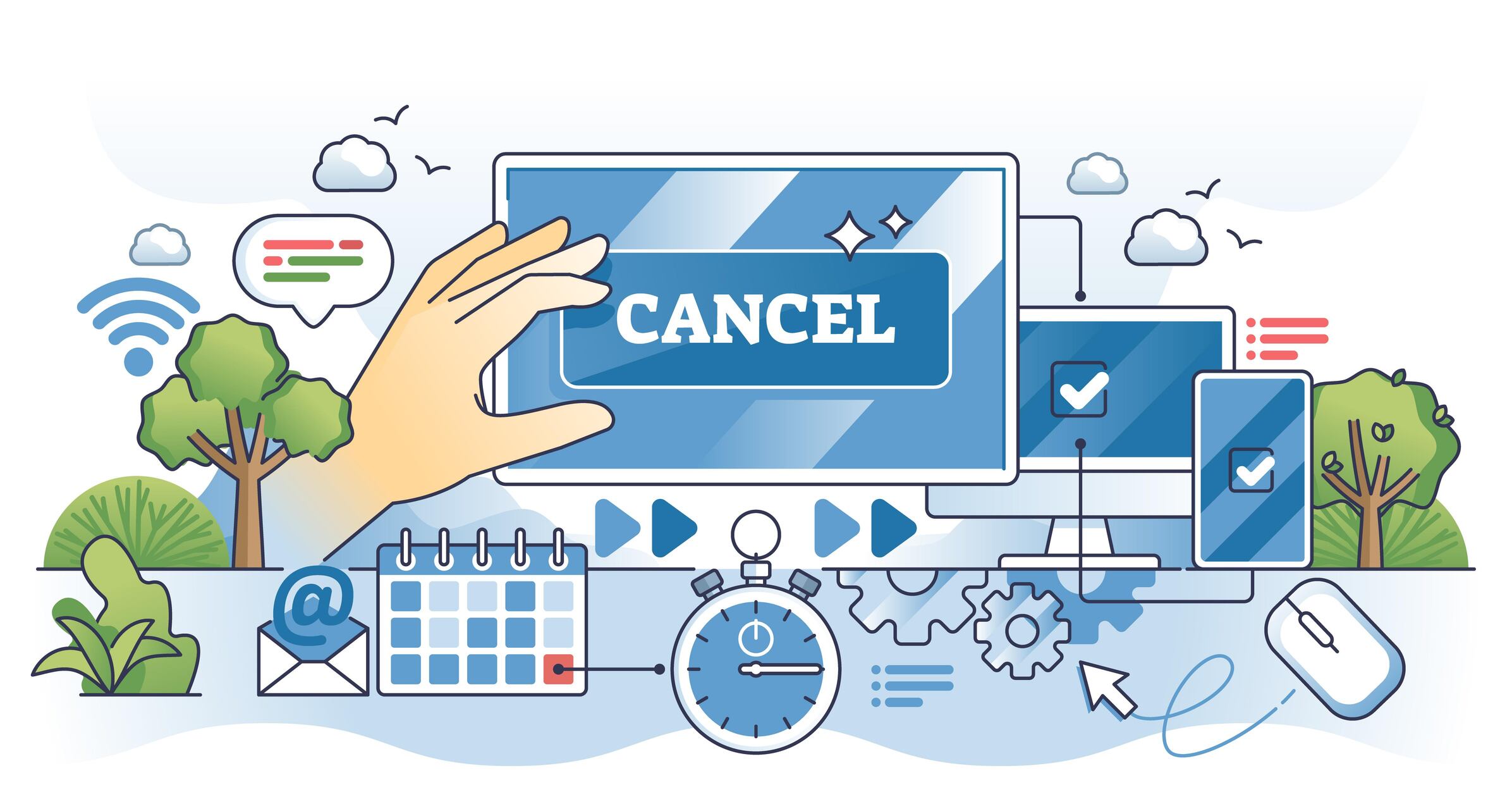 Click-to-cancel concept with hand, cancel button, and digital devices. Outline style