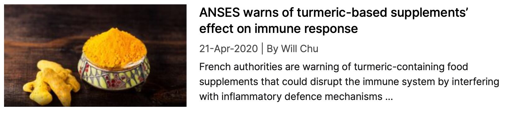 NutraIngredients coverage: ANSES warns of turmeric-based supplements' effect on immune response