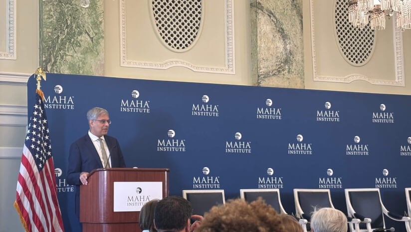 NIH Director Jay Bhattacharya speaking in the Crystal Room at the Willard Hotel.