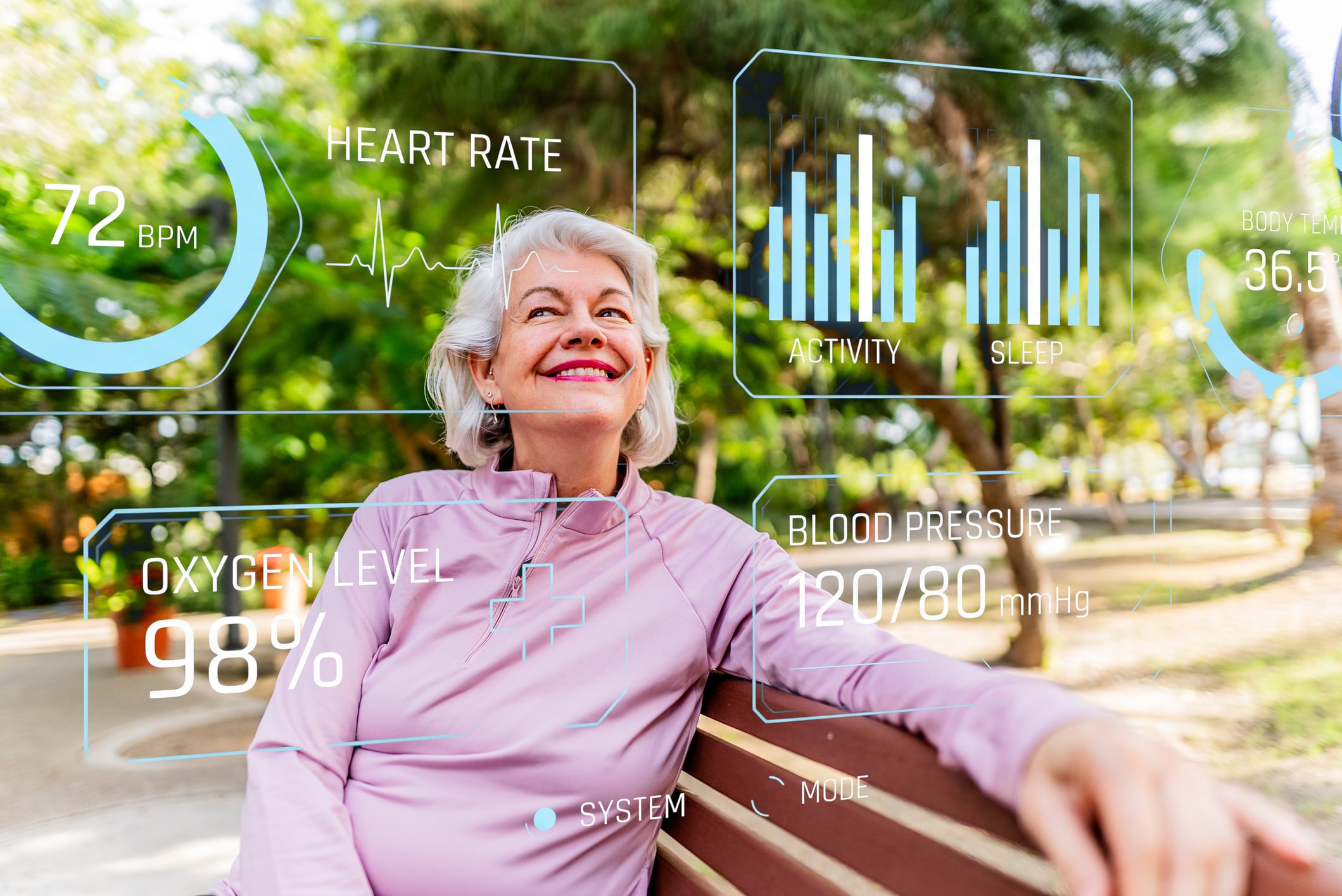 Senior woman looking at sports infographic hologram on a public park
