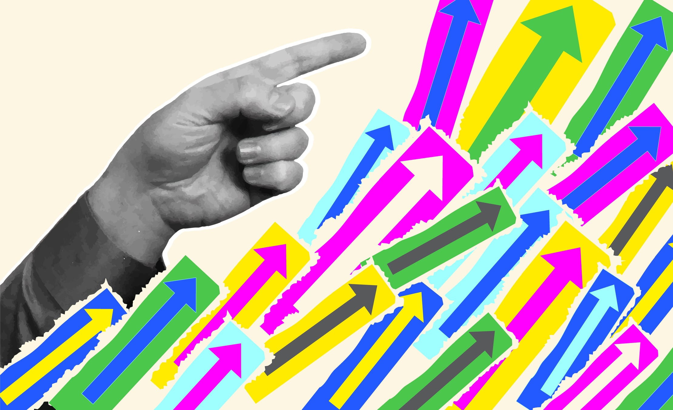 Vector illustration of a Collage style profit or increase finance and business sales increasing arrows concept with pointing human hand gesture. Multi-layered effect.