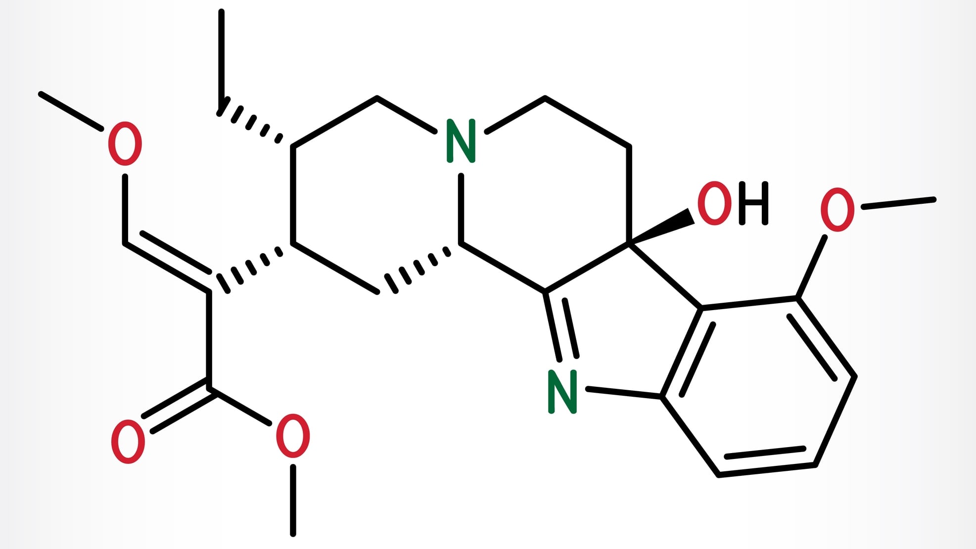 7-Hydroxymitragynine indole alkaloid from kratom. Chemical structure. Vector illustration