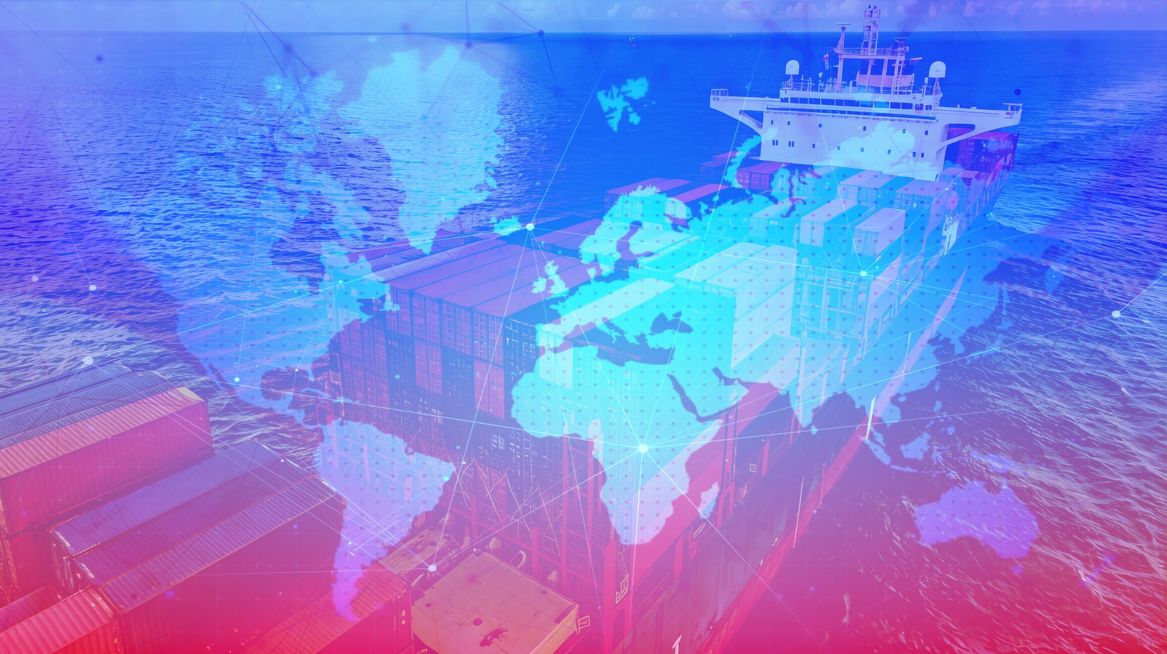 Global trade: cargo ship transporting goods with map of the world transposed over the top.