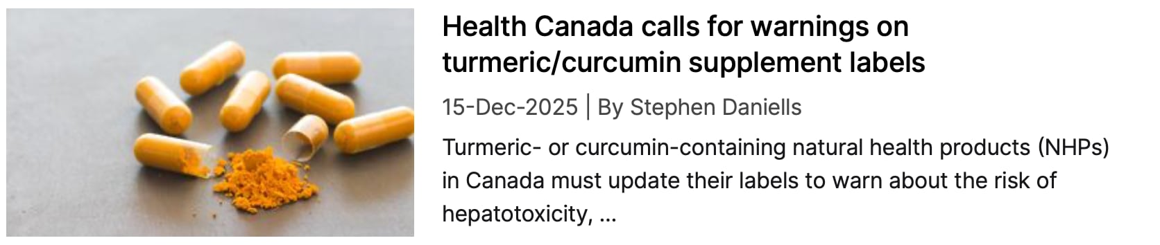 NutraIngredients coverage: Health Canada calls for warnings on turmeric supplement labels