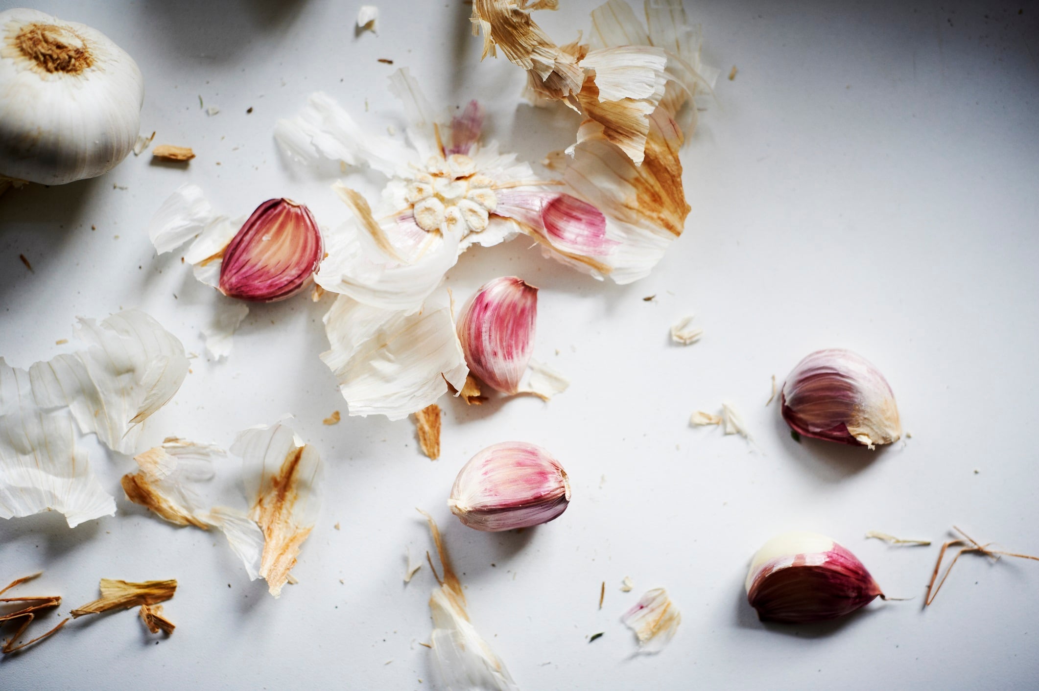 Garlic bulb and cloves on a white background.