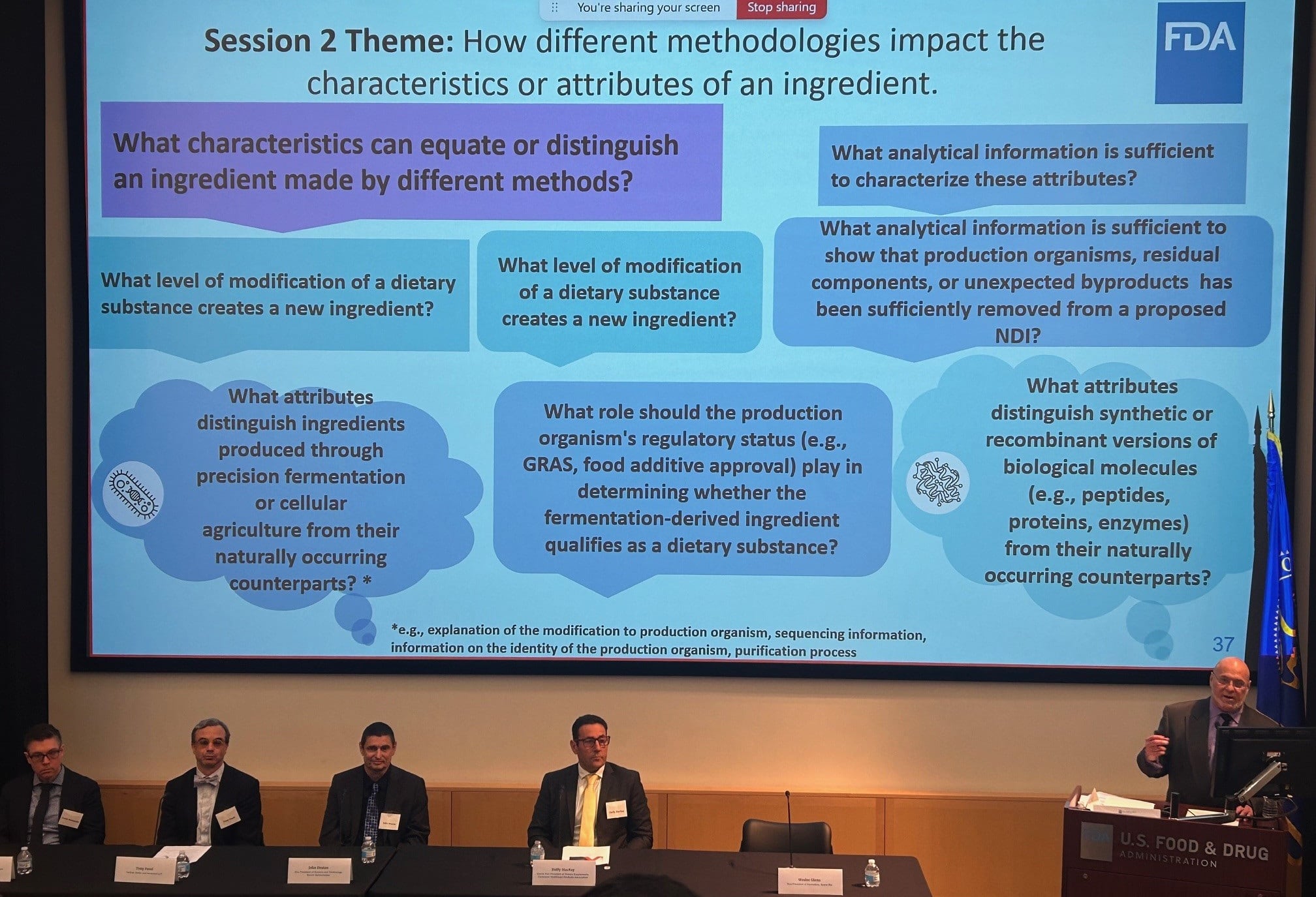 Phil Yeager, director of research and evaluation, ODSP, HFP, FDA at the podium to introduce the second session at the FDA's public meeting to explore the scope of dietary supplement ingredients
