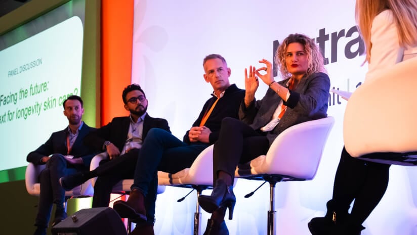 Panelists from Timeline, Estée Lauder, Nuritas and L'Oréal discussing what is next for longevity skin care.