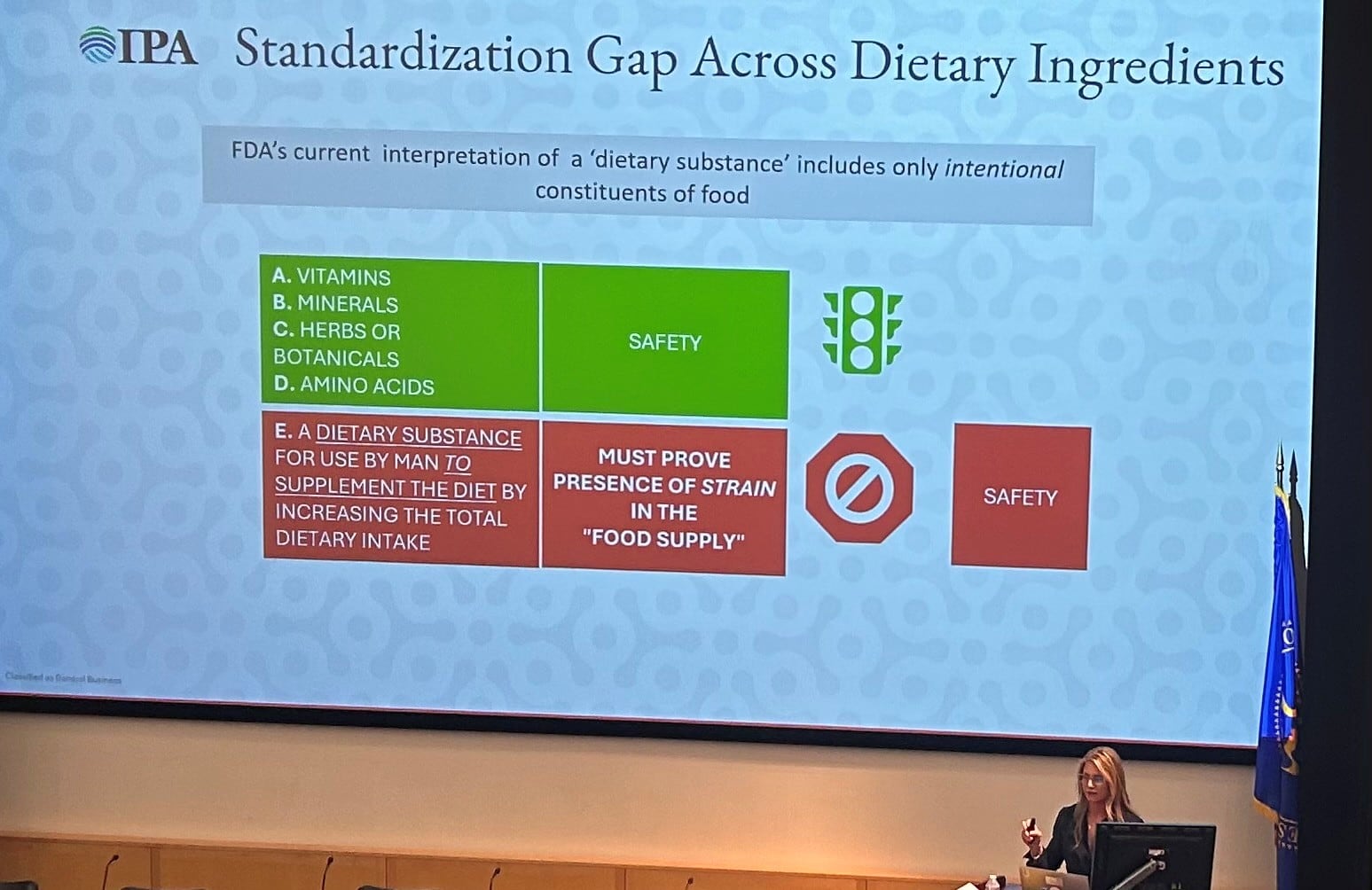 Dr. Amy Smith, senior director of medical affairs for Kerry North America within Pro Access Health and the current president of the International Probiotics Association (IPA), presenting at the FDA Public Meeting