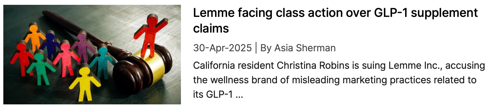 Screenshot of NutraIngredients coverage: "Lemme facing class action over GLP-1 suppelmetn claims"