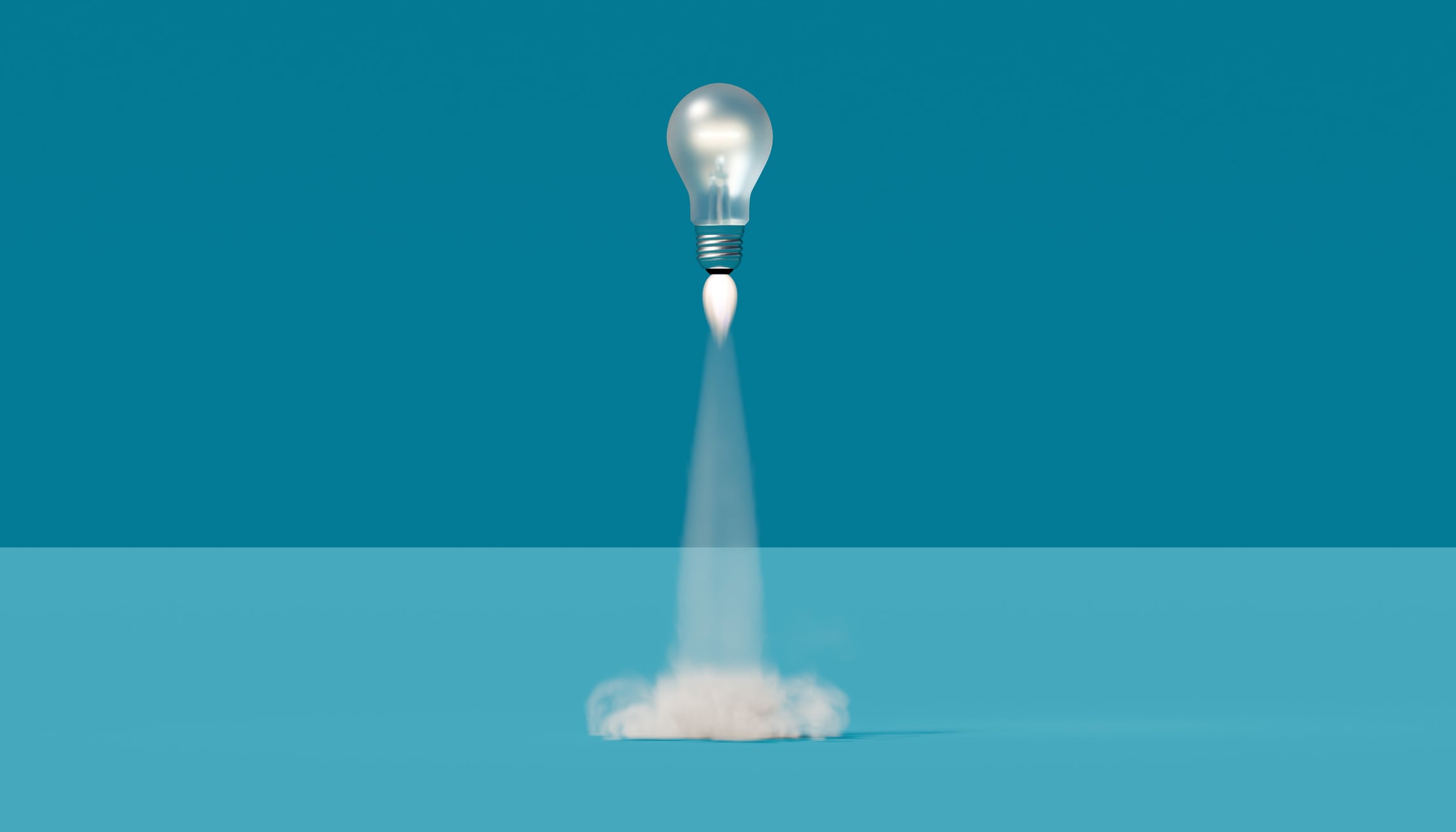 Conceptual illustration of a glowing lightbulb transforming into a rocket, taking off with visible exhaust and smoke against a teal blue background. The image symbolizes creativity, innovation, and breakthrough ideas gaining momentum. It conveys themes of entrepreneurship, problem-solving, idea generation, and forward-thinking solutions, while the clean composition provides ample copy space for editorial, marketing, or business-focused applications.