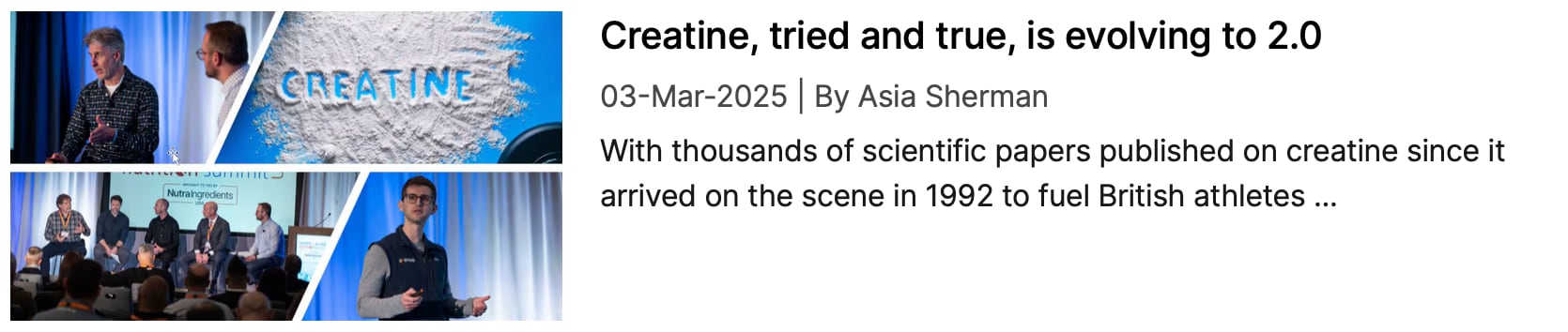Screenshot of NutraIngredients coverage: "Creatine, tried and true, is evolving to 2.0"