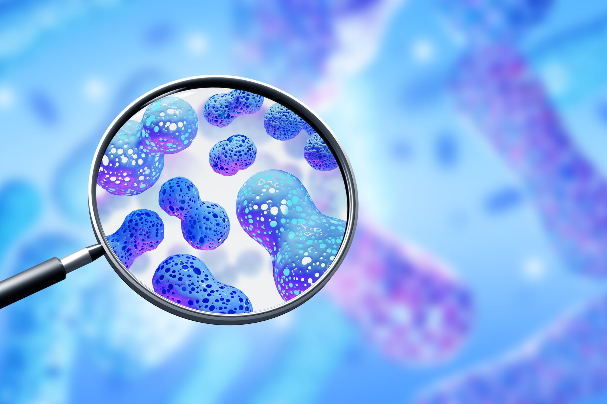 Probiotic cells under magnifying glass. Microbiota of body. Increased probiotic bacteria. Beneficial microorganisms for immunity. Probiotic cells close up. Study of human microbiota. 3d image