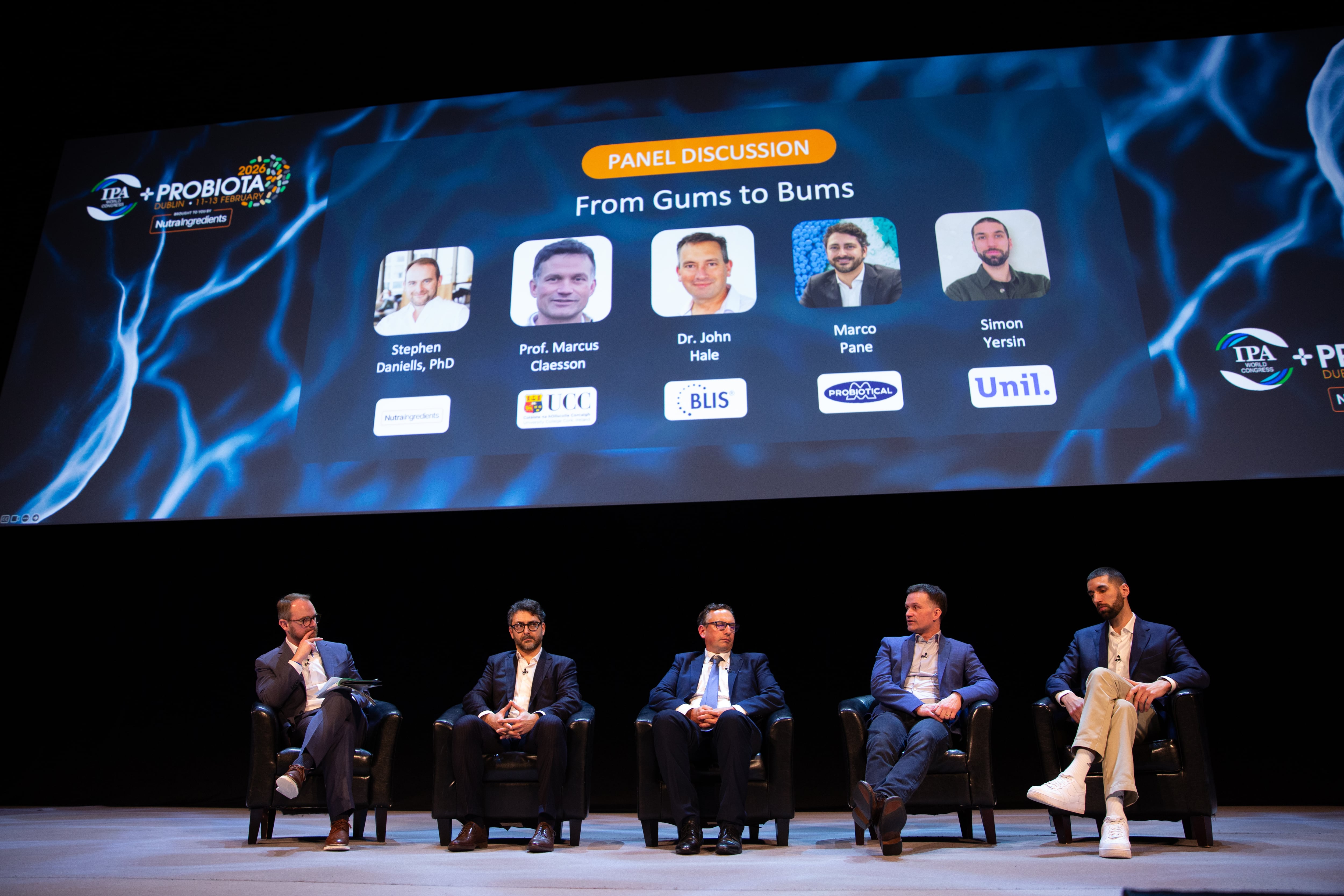 (Left to right): NutraIngredients' Editor-in-Chief Stephen Daniells with Marco Pane of Probiotical, Dr. John Hale of BLIS, Prof. Marcus Claesson of University College Cork, and Simon Yersin of University of Lausanne.