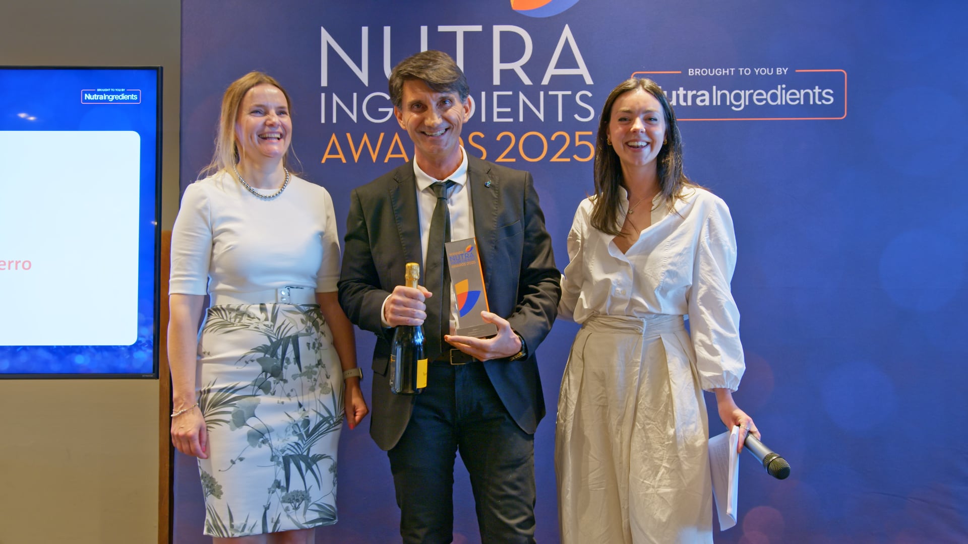 NutraChamp Prof. Francesco Di Pierro accepting his award at the NutraIngredient's award ceremony in Barcelona