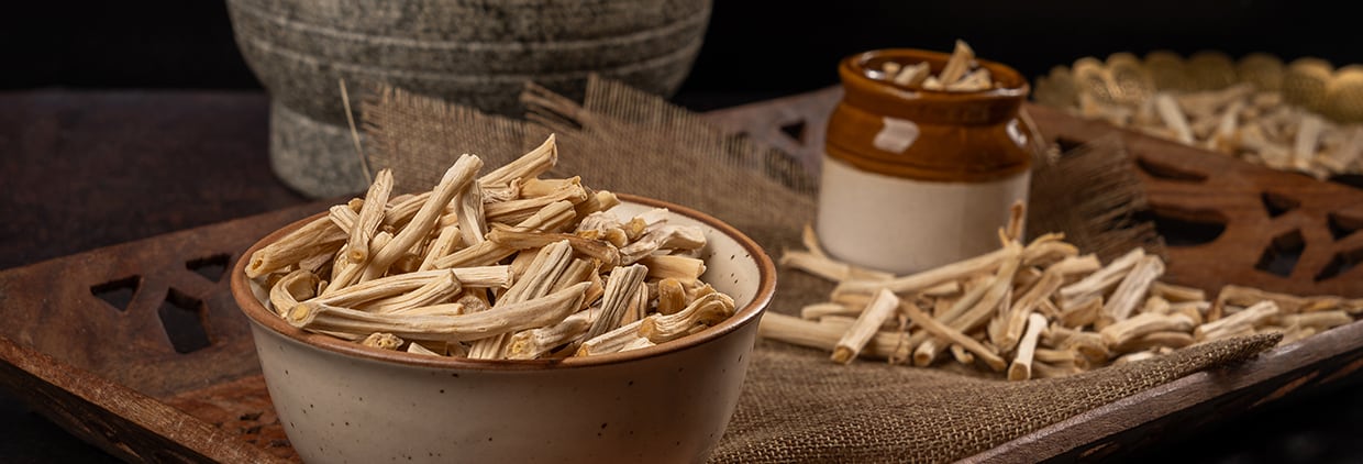 Shatavari root in a bowl on table