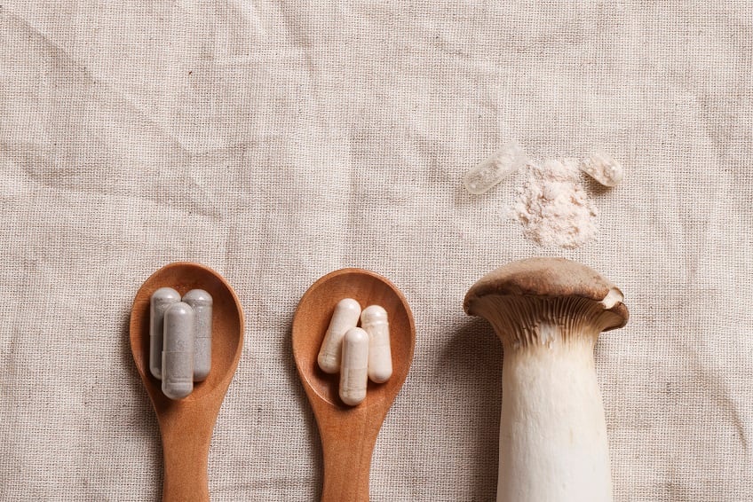 Mushroom and natural herbal pills on wood spoons on textile background. environmental friendly , healthy, medical supplement concept.