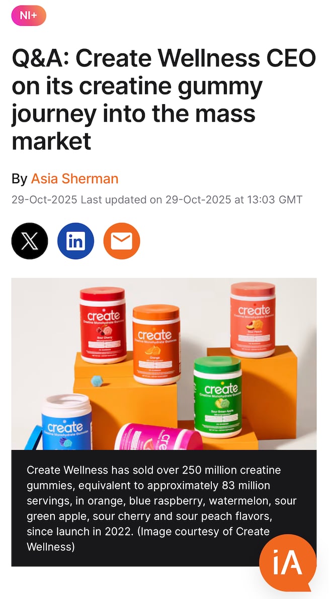 Nutraingredients coverage of Create Wellness as startup spotlight