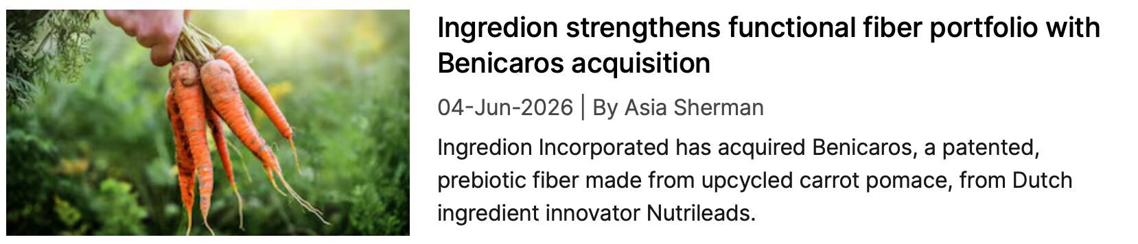 Ingredion and Benicaros NutraIngredients coverage