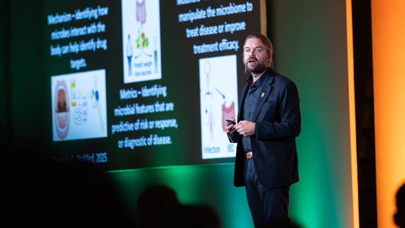 Professor Jack Gilbert of UC San Diego presenting translating microbiome research for precision health on stage at Probiota Americas 2025 conference.