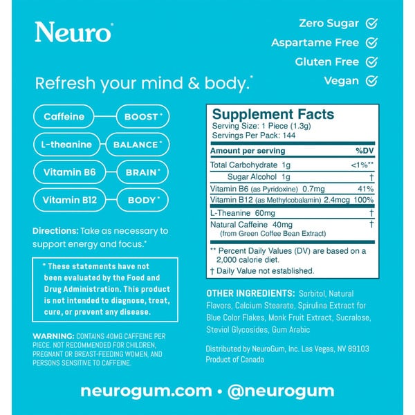 With ingredients like caffeine, L-theanine, B6 and B12, Neuro promises to "Refresh your mind & body."